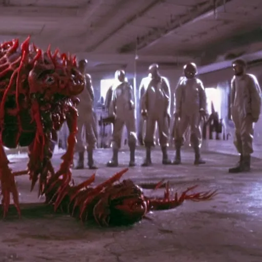 Image similar to filmic extreme wide shot dutch angle movie still 4k UHD interior 35mm film color photograph of soldiers being mutilated by a spiney shape shifting organism from The Thing 1982, in the style of a 1980s horror film