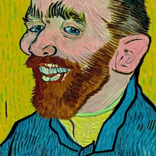 Prompt: a laughing man, reading the newspaper, drinking a glass of milk in the style of van gogh,