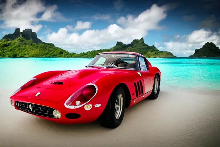 Image similar to cinematography of Ferrari 250 GTO series 2 in bora bora by Emmanuel Lubezki