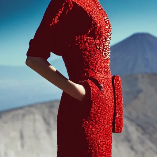 Prompt: close up of face of a fashion model in luxury dress, etna vulcano in background, official dior editorial, highly detailed