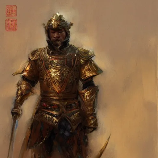 Image similar to a man wearing chinese armor, muscular, painting by Gaston Bussiere, Craig Mullins