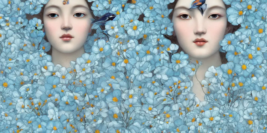 Image similar to breathtaking detailed concept art painting art deco pattern of faces goddesses of light blue flowers with anxious piercing eyes and blend of flowers and birds, by hsiao - ron cheng and john james audubon, bizarre compositions, exquisite detail, extremely moody lighting, 8 k