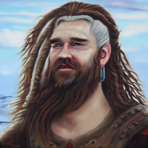 Prompt: oil painting of sean mcloughlin with a man bun as an irish viking in the style of steve argyle, fantasy painting