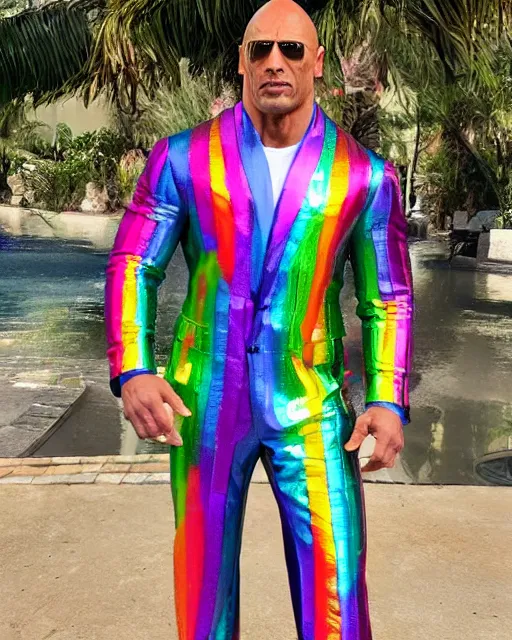 Image similar to the rock wearing a rainbow metallic suit with dramatic ruffles