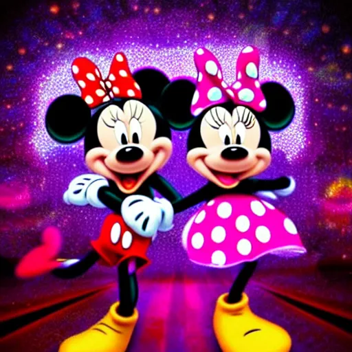 Prompt: ! dream minnie and mickey mouse doing lsd at a rave highly detailed digital photograph cinematic lighting