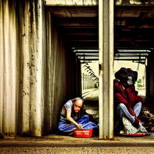 Image similar to poor people life under railway bridge, award winning, realistic, 4 k, hyper details, portrait by steve mccury and annie leibovitz and chindy sherman, best on adobe stock, cinematic, detailed place and people