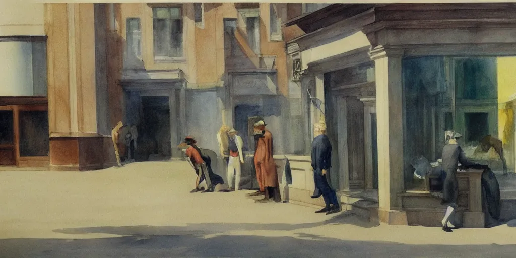 Image similar to a beautiful expressive water colour of a aetherpunk horse by edward hopper in the style of renaissance art, trending on art station