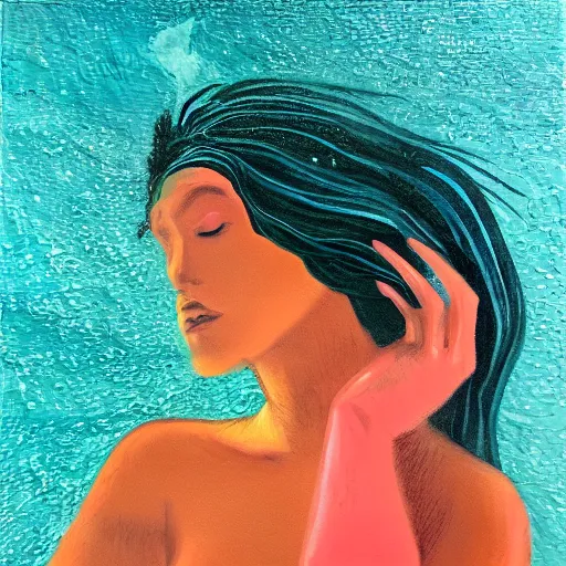 Image similar to underwater beauty silhouette drowning in a turquoise wavy sea, feminine, healing, appeasing, waves, tsunami, she loves another one, mental health, oil painting, by francis bacon, emotional conflict, hd, 8 k, trending on artstation, paradoxal, perfect framing, neo - expressionism, expressive