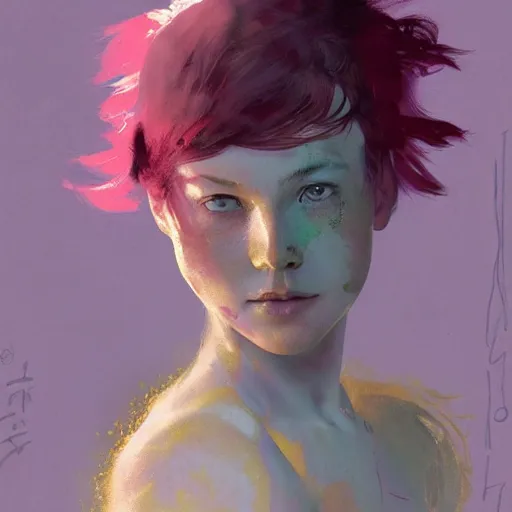 Image similar to Portrait of a tomboy with pink hair, glowing skin, fantasy, by Greg Rutkowski and Dave McKean, pink and gold color palette
