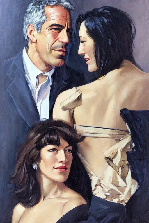 Image similar to jeffrey epstein and ghislaine maxwell, painting by jc leyendecker!! phil hale!, angular, brush strokes, painterly, vintage, crisp