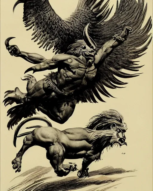 Image similar to human / eagle / lion / ox hybrid with two horns, one big beak, mane, human body. drawn by frank frazetta