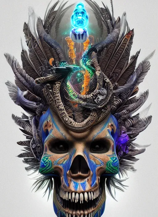 Image similar to 3 d shaman with tattoos profile portrait, sigma 5 0 0 mm f / 5. beautiful intricate highly detailed quetzalcoatl skull and feathers. bioluminescent, plasma, lava, ice, water, wind, creature, thunderstorm! artwork by tooth wu and wlop and beeple and greg rutkowski, 8 k trending on artstation,