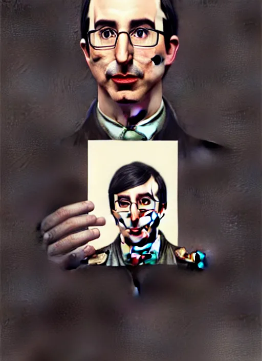 Image similar to a portrait of john oliver clutching a portrait of adam driver, military uniform, fantasy, intricate, elegant, beautiful, highly detailed, charcoal, centered, dark, smokey, digital painting, artstation, concept art, smooth, sharp focus, illustration, art by artgerm and greg rutkowski and alphonse mucha