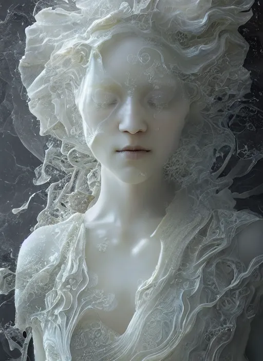 Image similar to opalescent marble sculpture of beautiful woman dissolving into shimmering dust, diaphanous, ivory carving, pearlescent, caustics, fractal paisley inlay, lace, intricate, elegant, highly detailed, digital photography, by ruan jia and greg rutkowski