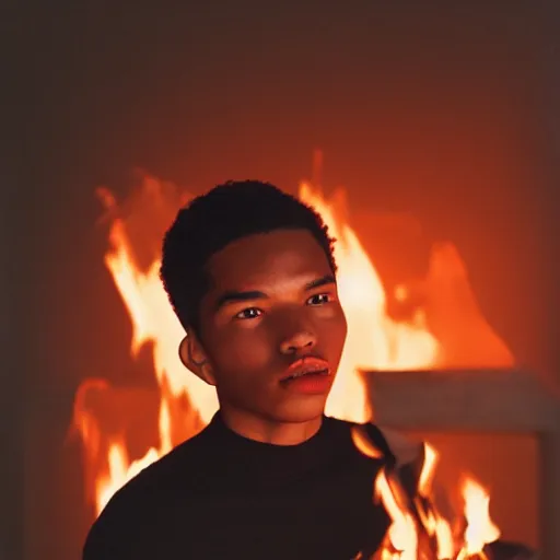 Image similar to realistic! photoshoot for a new chanel lookbook, color film photography, portrait of a beautiful woman, fire in the background, in style of tyler mitchell, 35mm