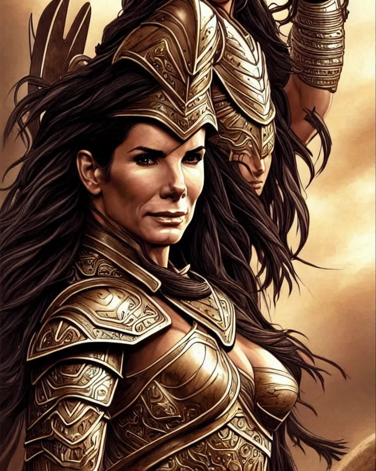 Image similar to a young sandra bullock as an amazon warrior, tall and beautiful with brown skin and long hair, dressed in hellenistic body armor, intricate, elegant, highly detailed, smooth, sharp focus, detailed face, art by ardian syaf