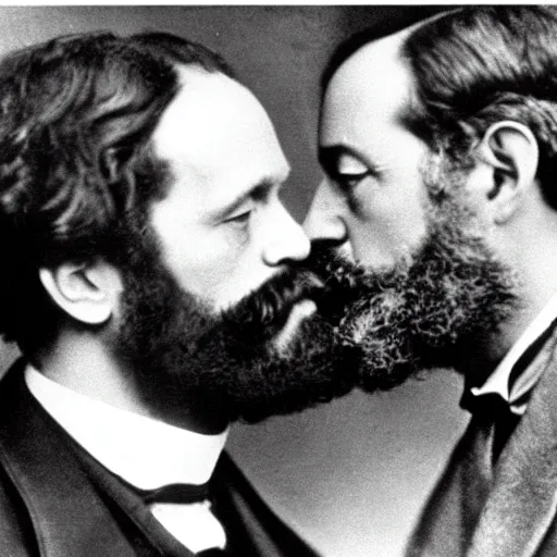 Image similar to Karl Marx and Sigmund Freud kissing, 1920, Bedroom backround