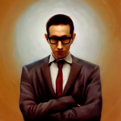 Prompt: a painting of a man with glasses and a tie, a fine art painting by drew struzan, featured on deviantart, fantastic realism, official art, oil on canvas, poster art