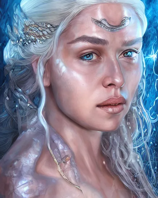 Prompt: Daenerys Targaryen with a piercing gaze and wearing a creative bikini as the queen of Atlantis in atlantis, highly detailed face, realistic face, beautiful detailed eyes, fantasy art, in the style of artgerm, illustration, epic, fantasy, intricate, hyper detailed, artstation, concept art, smooth, sharp focus, ray tracing, vibrant, photorealistic