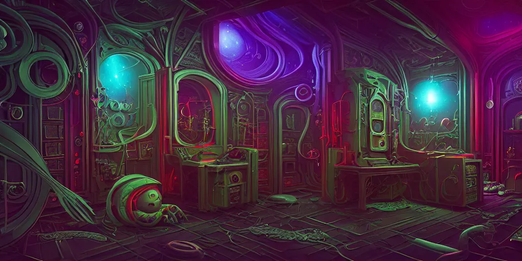 Prompt: spacecore, eldritch, psychic, elemental masterpiece 8k resolution Behance HD scrollwork magic conduits zBrush Central contest winner, cel-shaded gothic supercomputer pastiche by Dan Witz, vibrant deep color