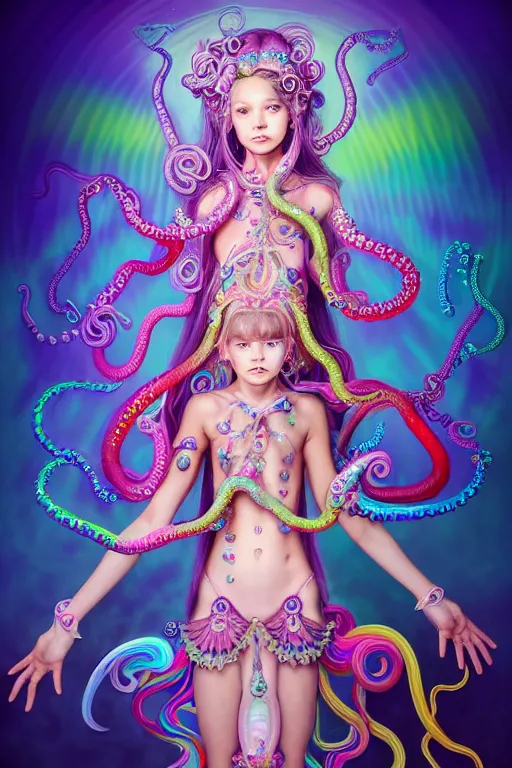 Image similar to A full body shot of a cute young magical girl wearing an ornate dress made of opals and tentacles. Monster GIrl. Subsurface Scattering. Dynamic Pose. Translucent Skin. Rainbow palette. Rainbowcore. defined facial features, symmetrical facial features. Opalescent surface. Soft Lighting. beautiful lighting. By Giger and Ruan Jia and Artgerm and WLOP and William-Adolphe Bouguereau and Loish and Lisa Frank. Fantasy Illustration. Sailor Moon. Masterpiece. trending on artstation, featured on pixiv, award winning, cinematic composition, dramatic pose, sharp, details, Hyper-detailed, HD, HDR, 4K, 8K.