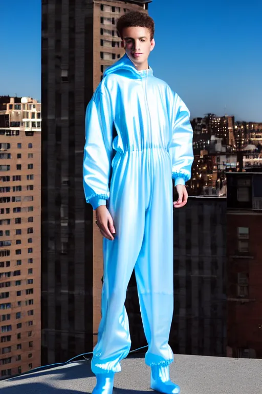 Image similar to un ultra high definition studio quality photographic art portrait of a young man standing on the rooftop of a british apartment building wearing soft baggy inflatable padded iridescent pearlescent jumpsuit. three point light. extremely detailed. golden ratio, ray tracing, volumetric light, shallow depth of field. set dressed.