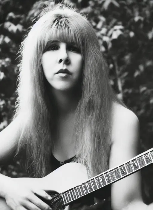 Image similar to dslr portrait photo still of 2 4 year old stevie nicks at age 2 4 with red hair playing a guitar, 8 5 mm, f 1. 8