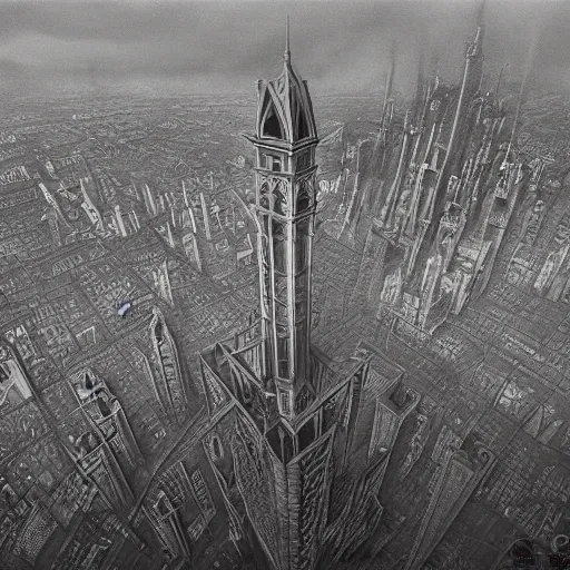 Prompt: an ultra detailed matte painting of a lonely and impossibly tall ominous dark tower elevated high above the city, on an isolated plateau island in a river elevated high above the city fortress tower, fantasy capital city, ultrawide lense, aerial photography, volumetric lighting, exquisite detail, 8 k, art by m. c. escher and greg rutkowski and alphonse mucha