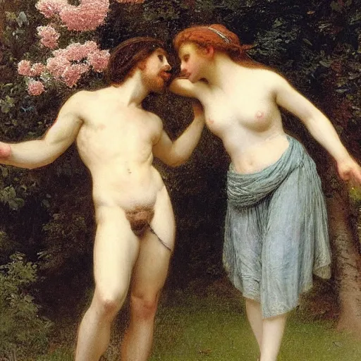 Prompt: Springtime, by Pierre-Auguste Cot, depicting two adult male lovers