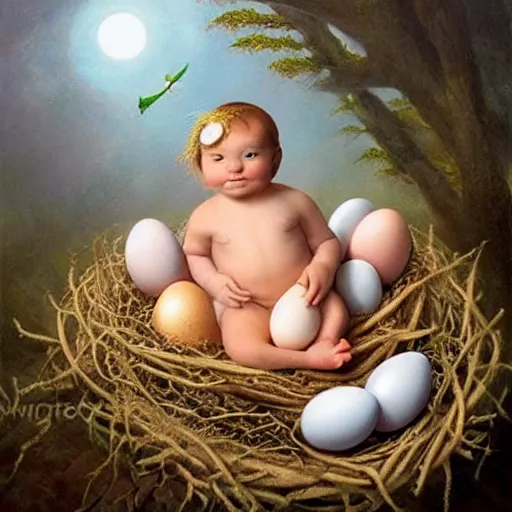 Image similar to baby mermaid next to a ooen egg in a nest, realistic, high detailed, fantasy art, anne geddes