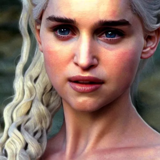 Image similar to a selfie of daenerys targaryen played by a young natalie portman with smooth skin and light violet eyes, ethereal, medium shot, detailed eyes, vivid, golden hour