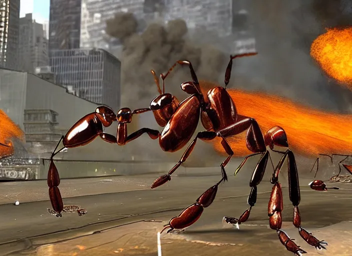 Image similar to giant ant destroying new york, fire, flames, edf earth defense force