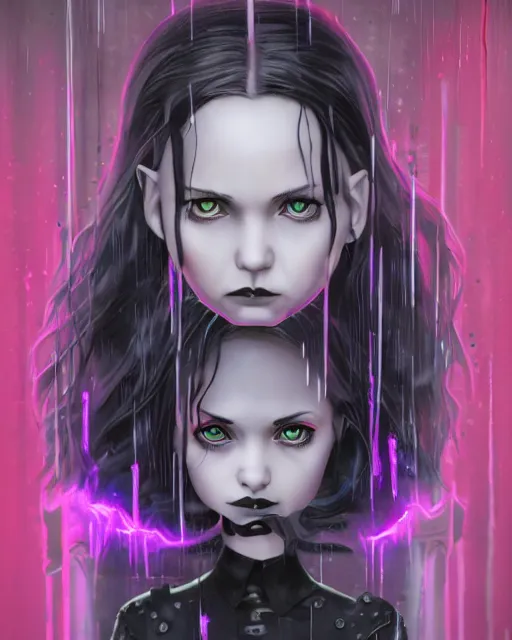 Prompt: An epic fantasy comic book style portrait painting of a very beautiful imposing Industrial goth Wednesday Addams in the rain, wet hair, neon reflections, character design by Mark Ryden and Pixar and Hayao Miyazaki, unreal 5, DAZ, hyperrealistic, octane render, cosplay, RPG portrait, dynamic lighting, intricate detail, cinematic