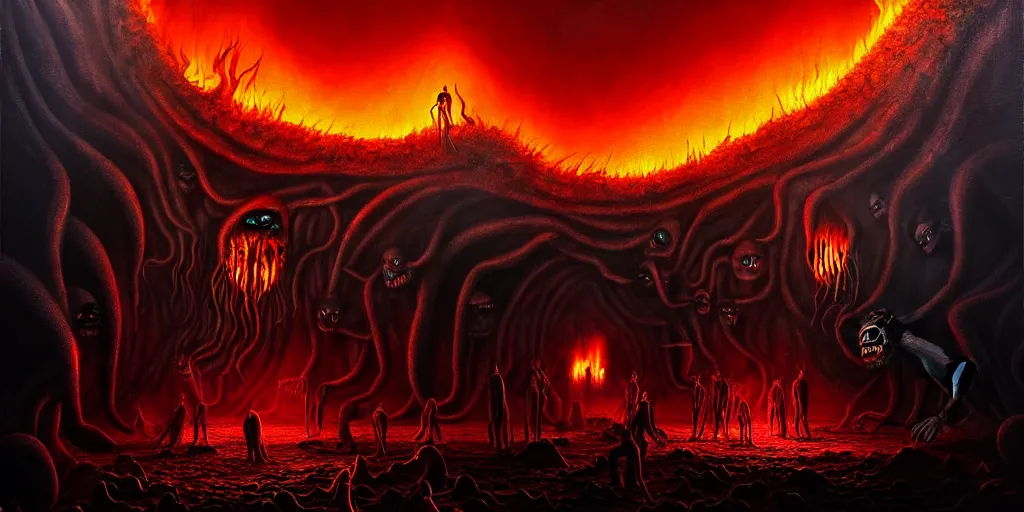 Image similar to repressed emotion creatures and monsters at the mouth of hell, dramatic lighting glow from giant fire, attempting to escape and start a revolution, in a dark surreal painting by ronny khalil