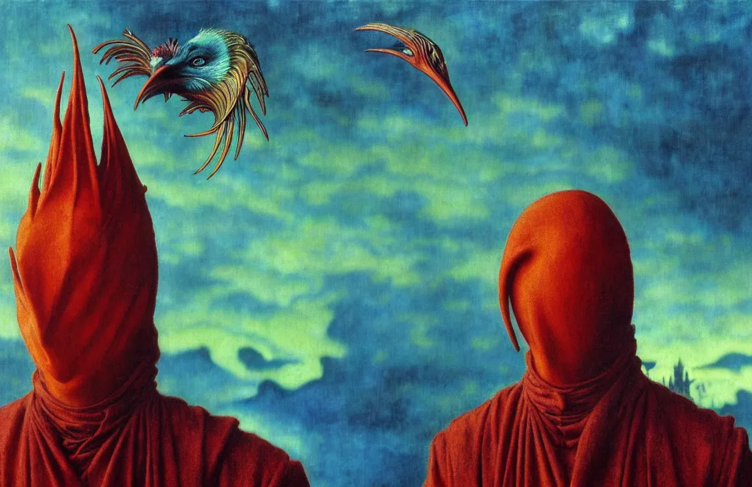 Image similar to realistic detailed portrait movie shot of a birdman wearing a dark robes, sci fi city landscape background by denis villeneuve, amano, yves tanguy, alphonse mucha, ernst haeckel, max ernst, roger dean, masterpiece, rich moody colours, dog teeth, blue eyes, sunset