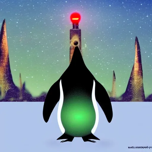 Image similar to penguin with red glowing eyes in front of a green glowing tower in the background, lord of the rings style