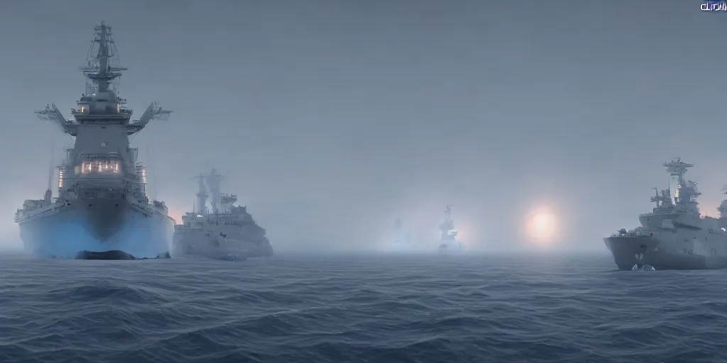 Prompt: epic huge soviet warship in arctic, no frame, foggy, volumetric lighting, epic blue glow, by greg rutkowsky, shishkin and aivazovsky