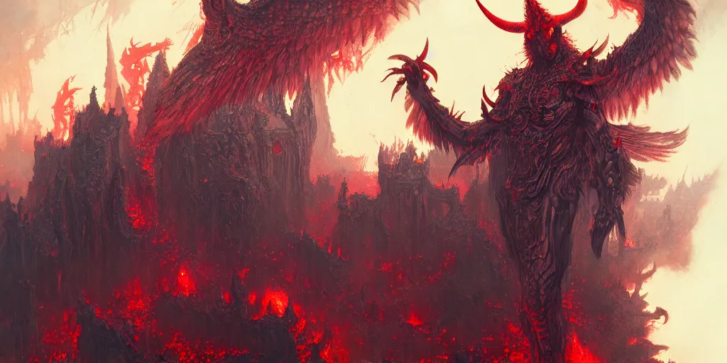 Image similar to satan in hell, detailed intricate illustration, detailed illustration, hd, 4 k, digital art, overdetailed art, by greg rutkowski, by loish, complementing colors, trending on artstation, deviantart