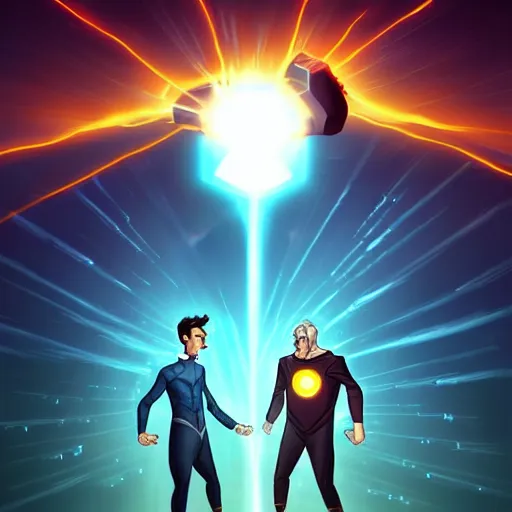 Image similar to Nikola Tesla with electric superpowers and Thomas Edison with light superpowers in an epic superhero battle, by MARVEL comics and Cyril Rolando and WLOP, trending on artstation