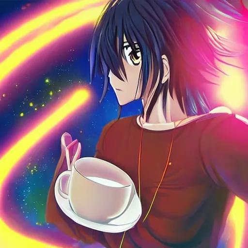 Image similar to 4k_digital_art_surreal_anime_of_an_anime dude_drinking_a_cup_of_cosmic_energy_bright_light