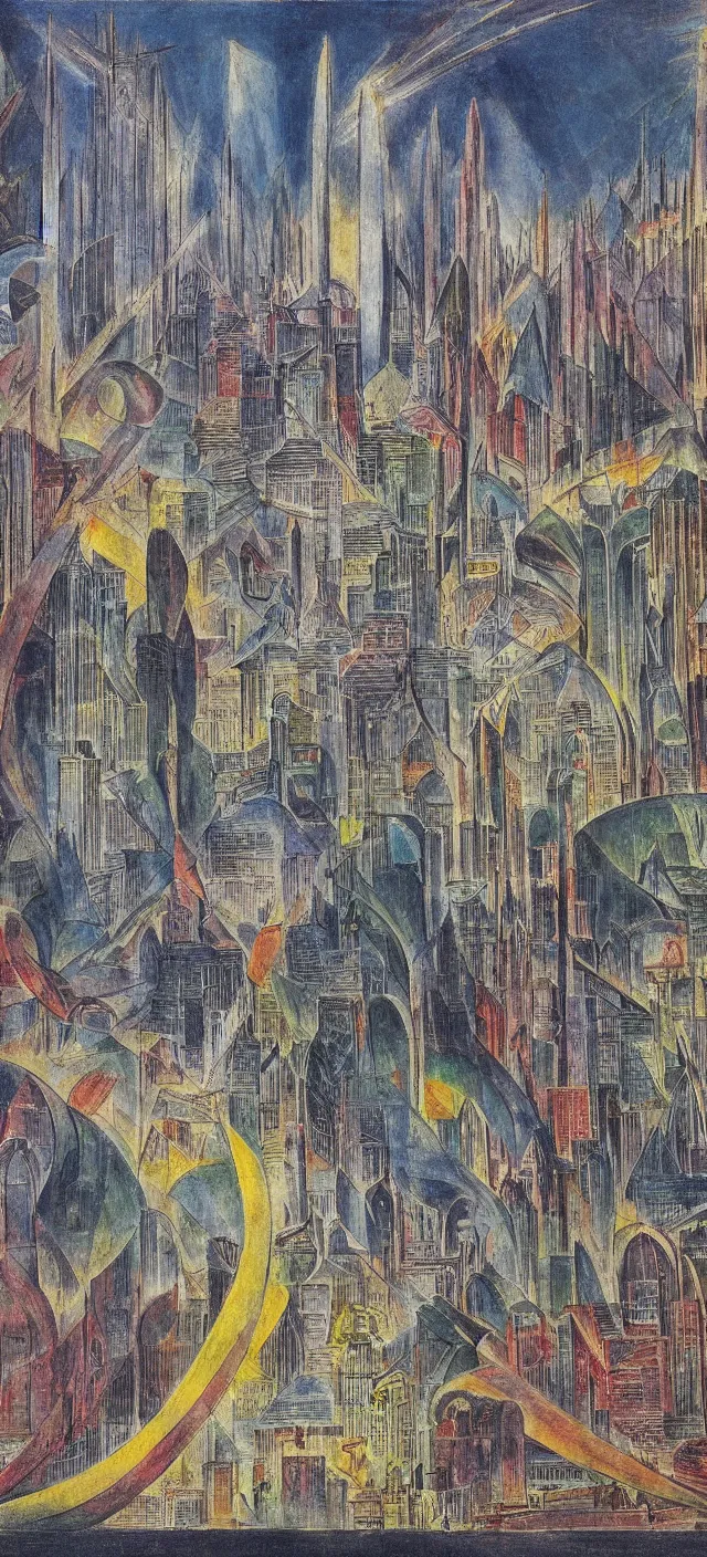 Image similar to a cityscape by william blake, colorful, futuristic