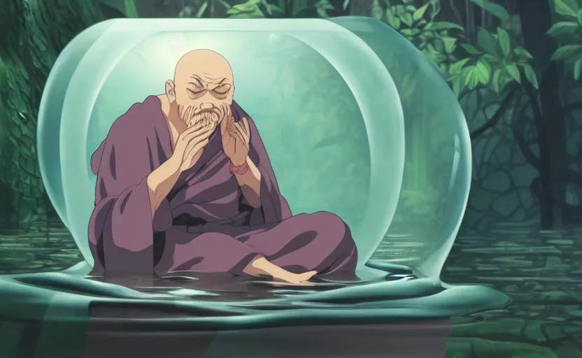 Image similar to a film still portrait of a mauve old monk meditating inside a cubic bubble in a flooded temple jungle. finely detailed features, closeup at the faces, chronenberg, perfect art, grimdark, trending on pixiv fanbox, painted by studio ghibli