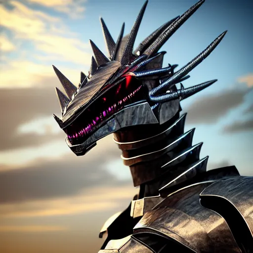 Image similar to chest up bust shot, realistic detailed stunning beautiful armored anthropomorphic humanoid female robot dragon, looking to the side, smooth and streamlined armor and design made of steel, sharp claws and sharp teeth, Slick LEDs, standing on two legs, on the beach during sunset, high quality, cinematic art, sunset lighting, 3D render, 8k, artstation, deviantart, furaffinity