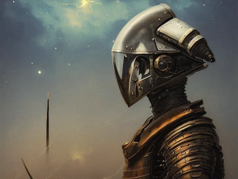 Prompt: a detailed profile portrait painting of a bounty hunter in polished armour and visor. Fencing. cinematic sci-fi poster. Cloth and metal. Welding, fire, flames, samurai Flight suit, accurate anatomy portrait symmetrical and science fiction theme with lightning, aurora lighting clouds and stars. Clean and minimal design by beksinski carl spitzweg giger and tuomas korpi. baroque elements. baroque element. intricate artwork by caravaggio. Oil painting. Trending on artstation. 8k