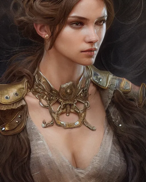 Prompt: close up portrait of a unsplash portrait model, soft hair, half body, leather, d & d, fantasy, intricate, elegant, highly detailed, digital painting, artstation, concept art, smooth, sharp focus, illustration, art by artgerm and greg rutkowski and alphonse mucha