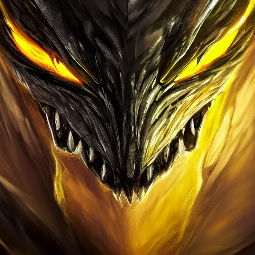 Prompt: Closeup portrait of black dragon head with yellow eyes, ultra realistic, fantasy, magic, dnd