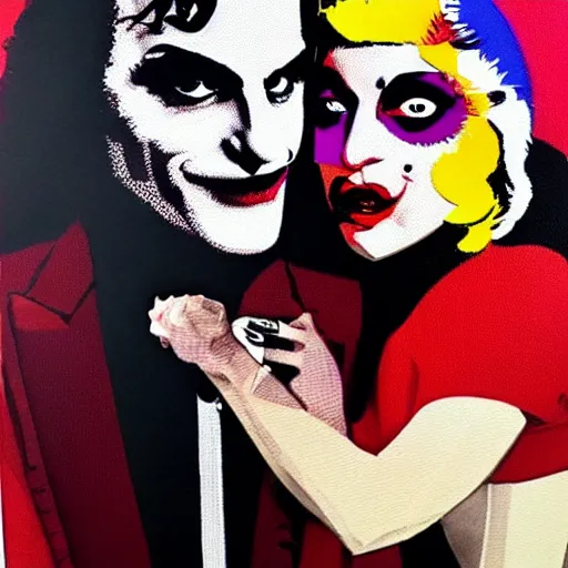 Prompt: mimmo rottela and banksy as joaquin phoenix skinny joker holding hand lady gaga harley queen, ultra photorealistic, intricate details, pop art style, concept art, 3 colors, 4 d, smooth, sharp focus