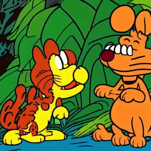 Image similar to Garfield and odie in the jungle, by Jim Davis