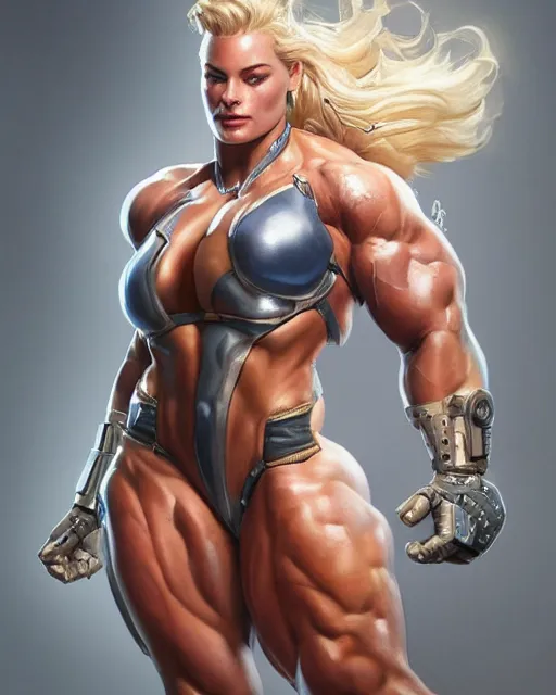 Image similar to full figure ultra realistic illustration, margot robbie as thick female bodybuilder cyborg zarya from overwatch smiling with closed eyes, intricate, elegant, highly detailed, digital painting, artstation, concept art, smooth, sharp focus, illustration, art by artgerm and greg rutkowski and alphonse mucha