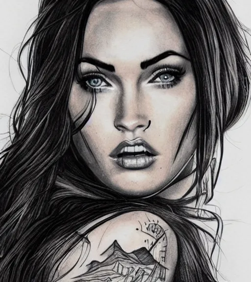 Image similar to tattoo design sketch of megan fox against a background of beautiful mountains and nature, hyper - realistic, in the style of den yakovlev, amazing detail, black and white